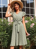 Woman Printed Green Pleated V-neck Dress