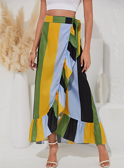 Four-color Stitching Striped Irregular Skirt