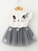 Cartoon Kitten Printed T-Shirts+Net Veil Dress