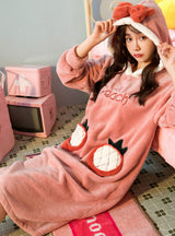 Thickened Coral Feece Winter Long Sleeve Hooded Nightdress