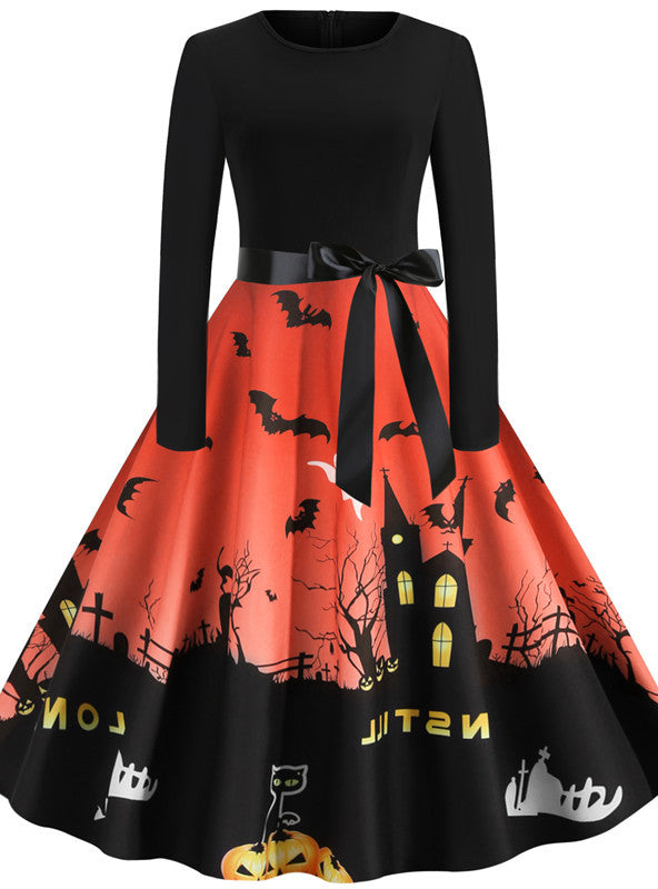 Halloween Printed Round Neck Long Sleeve Dress