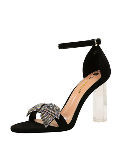 Suede High Heel Sandal with Rhinestone Bow