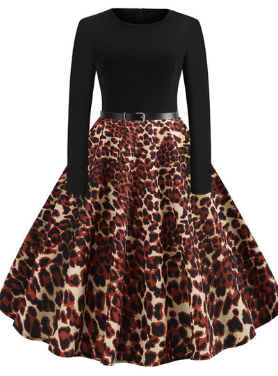 Retro Leopard Print Long Sleeve Dress