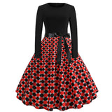 Retro Long Sleeve Round Neck Polka Dot Print Dress