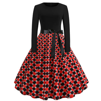 Retro Long Sleeve Round Neck Polka Dot Print Dress