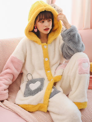 Four-color Grid Love Thickened Flannel Two Piece