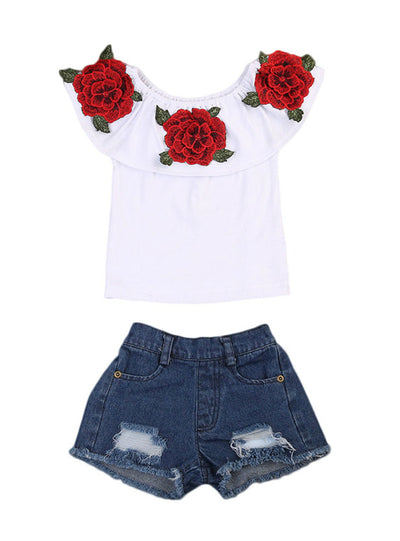 3D Flower Print T-Shirts Denim Hole Pants 2pcs