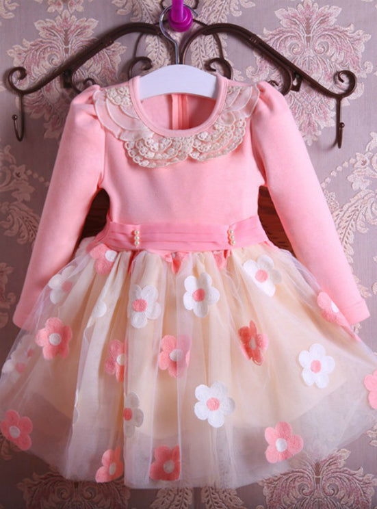 Pearls Bow Flowers Girl Party Dress Wedding