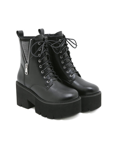 Thick Heel Zipper Rhinestone Martin Boots