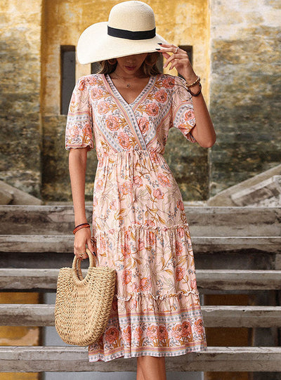 V-neck Medium Long Bohemian Dress