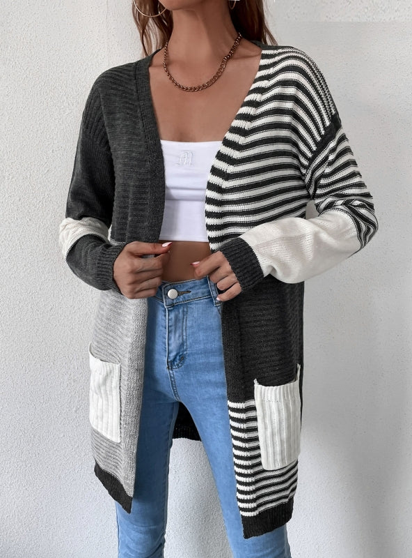 Spliced Striped Contrast Cardigan Pocket Sweater Coat