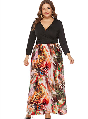 V-neck Long Sleeve Printed Stitching Dress