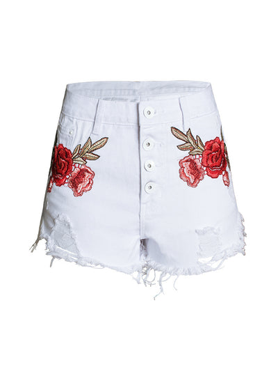 White Denim High Waist Embroidery Shorts