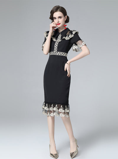 Waist Retro Trumpet Sleeve Lace Fishtail Dress