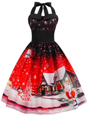 Christmas Print Halter Dress