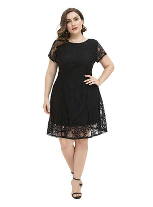 Black Lace Short Sleeve Plus Size Dress