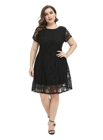 Black Lace Short Sleeve Plus Size Dress
