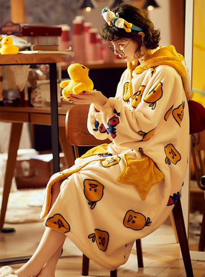 Coral Velvet Little Yellow Duck Hooded Flannel Bathrobe