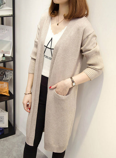Long Cardigan Pockets Loose Solid Knit Sweater