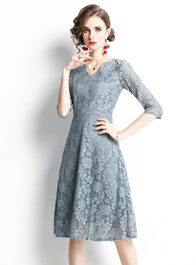 Blue 3/4 Sleeve V-neck Party Dress