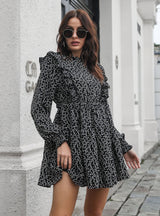 Ruffled Wood Ear Collar Long Sleeve Printed Dress