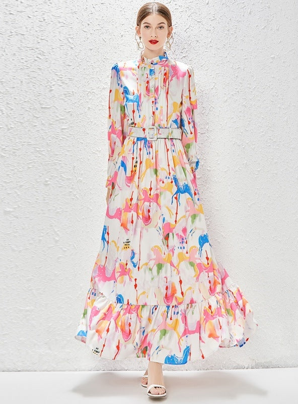 Lantern Pleated Big Swing Print Dress