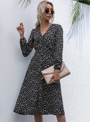 Silm Waist Printed Long Split Chiffon Dress