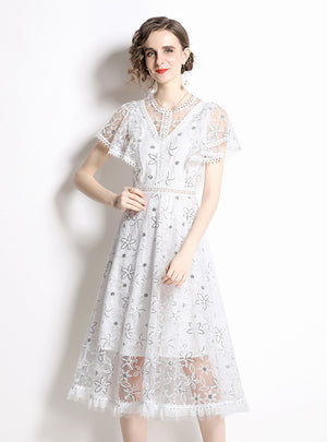 Women White Lace Sequins Retro Dress