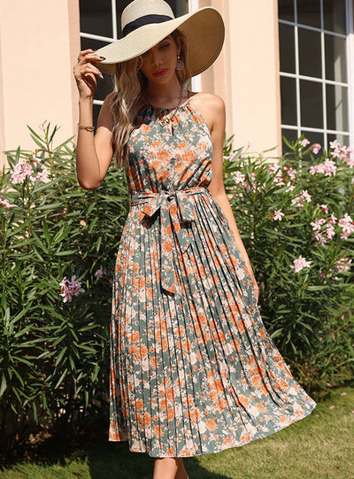 Sleeveless Lace-up Neck Pleated Print Dress