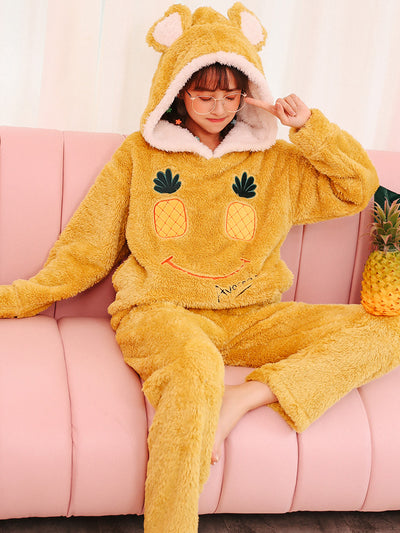 Yellow Pineapple Smiley Face Cute Flannel Home Service Suit