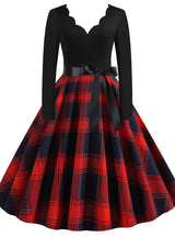 V-neck Chequer Print Long Sleeves Dress