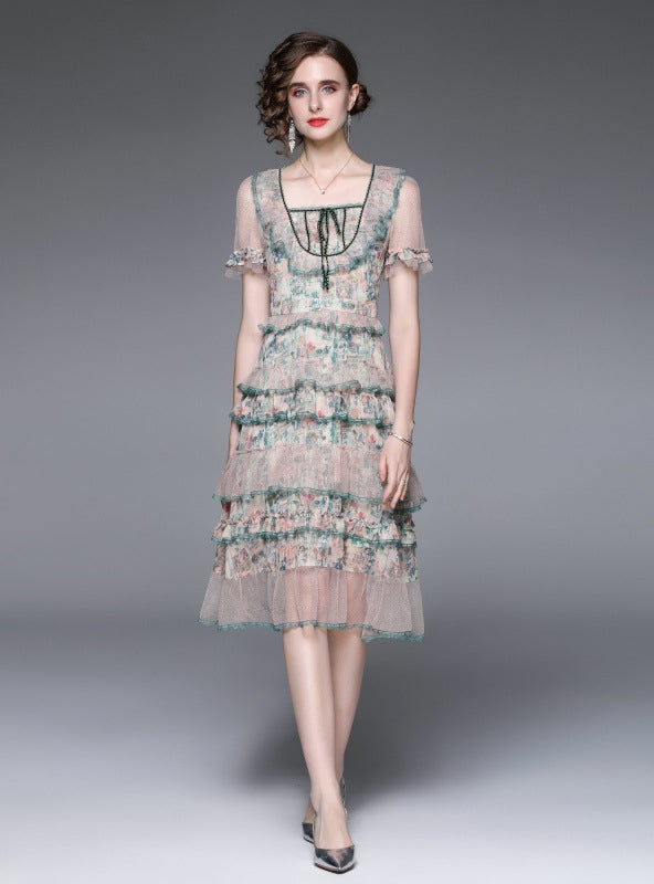 Slim Waist Short Sleeve Square Collar Gauze Dress