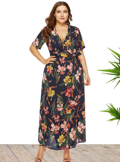 Printed Bohemian V-neck Short Sleeve Beach Dress