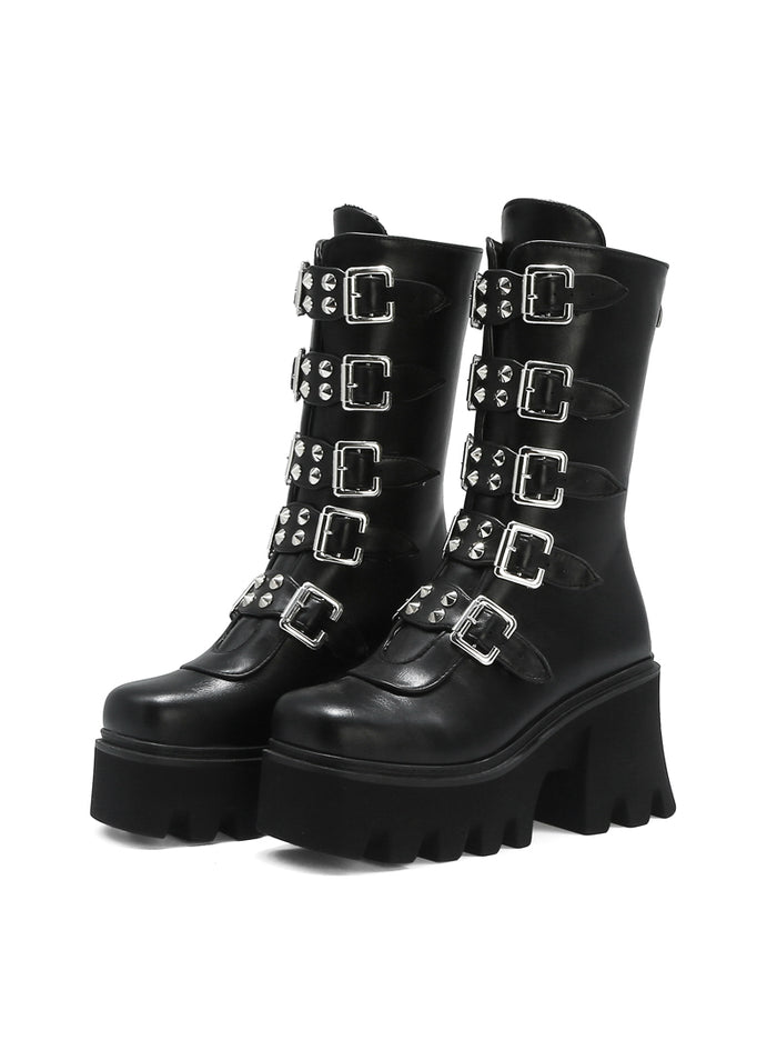 Womens Platform Boots Black Buckle Strap Wedges Shoes