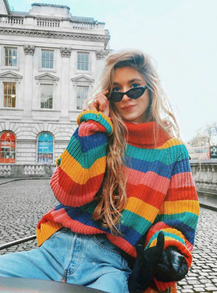 Simenual Rainbow Turtleneck Sweaters Women