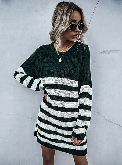 Pullover Sweater Round Neck Striped Knit Dress