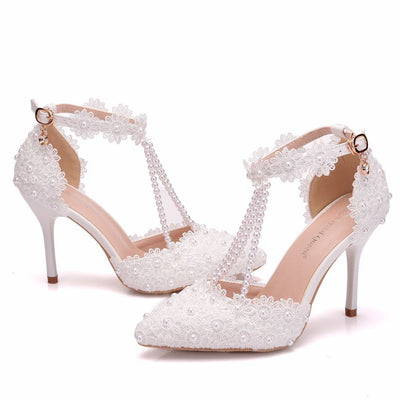 White Lace Flower Stiletto Pointed Wedding Shoes