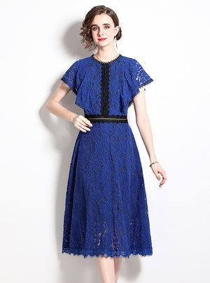 Flying-sleeve Lace Hollow Slim Dress