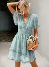 Summer Lotus Leaf Sleeve V-neck Sexy Floral Dress