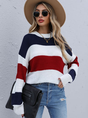Contrast Striped Round Neck Pullover Sweater