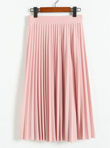 High Waist Pleated Solid Color Half Length Elastic Skirt