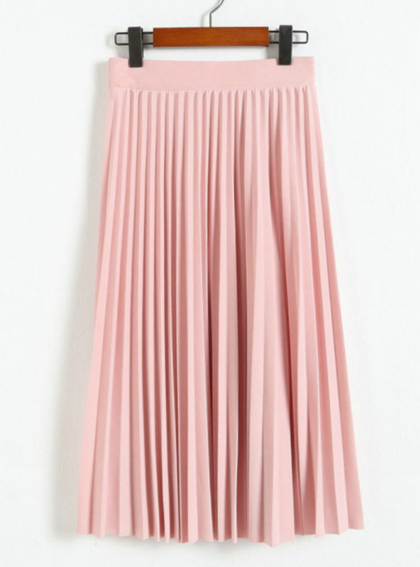 High Waist Pleated Solid Color Half Length Elastic Skirt