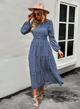Printed Lantern Sleeve Round Neck Dress