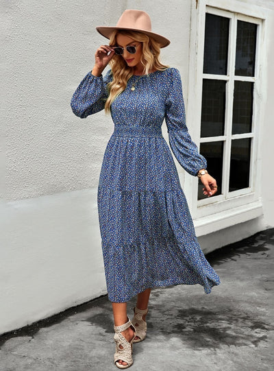 Printed Lantern Sleeve Round Neck Dress