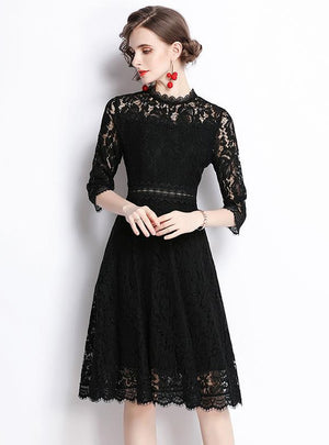Black Hollow Lace 3/4 Sleeve Dress