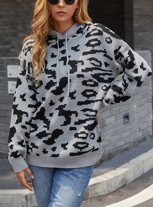 Leopard Print Drawstring Hooded Sweater