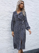 V-neck Floral Flounce Split Dress