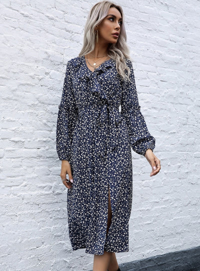 V-neck Floral Flounce Split Dress