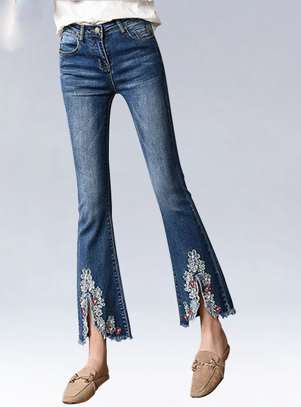 Embroidered Ankle Length Flare Jeans Pants