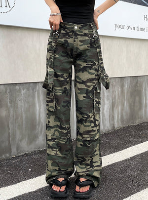 Contrast Camouflage Pants Pocket Retro Bib Pants
